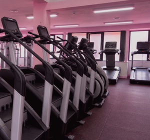 A row of stair climbers and cardio machines in the studio